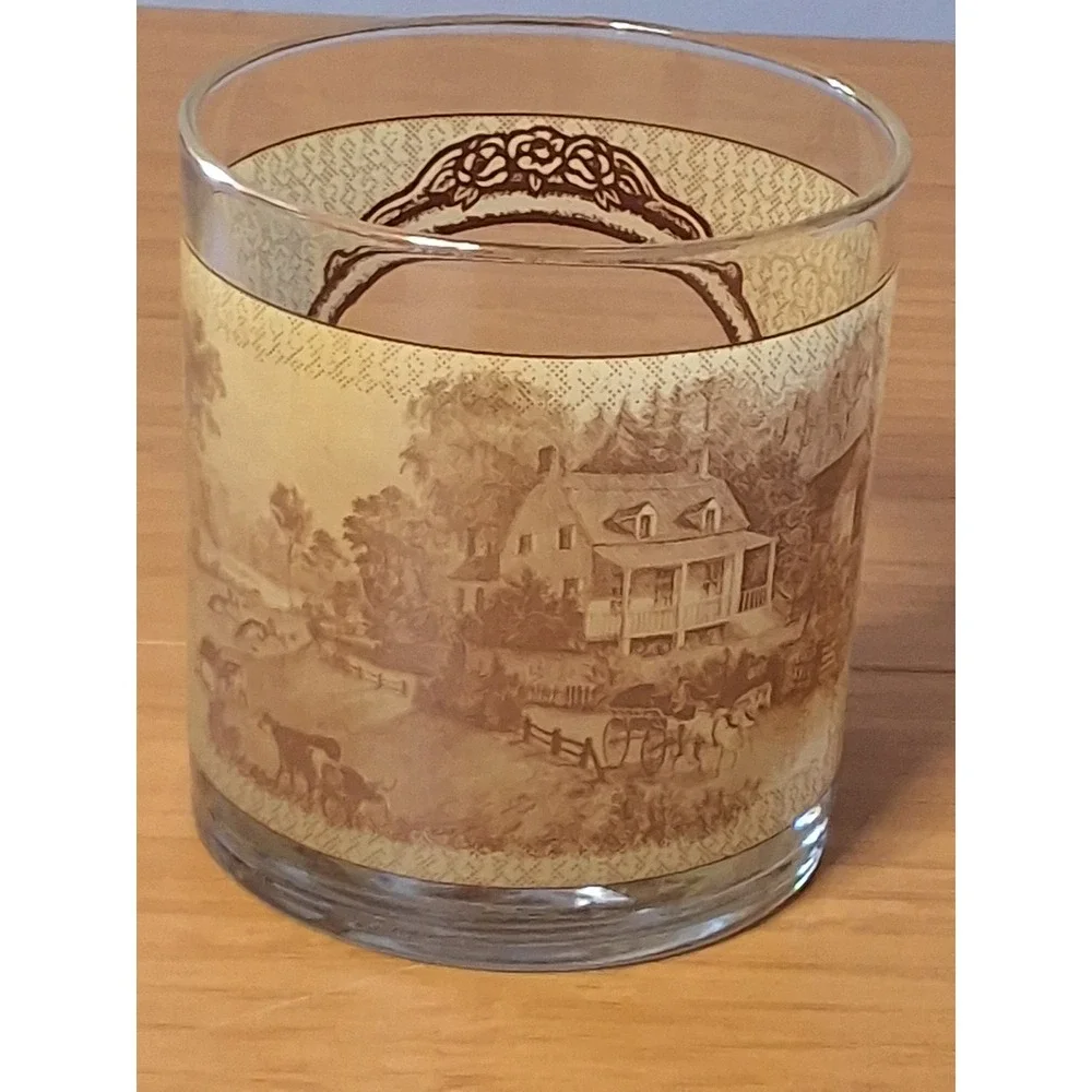 Vintage Currier & Ives Four Seasons Whiskey Rocks Glasses Set of 4 Brown Cream